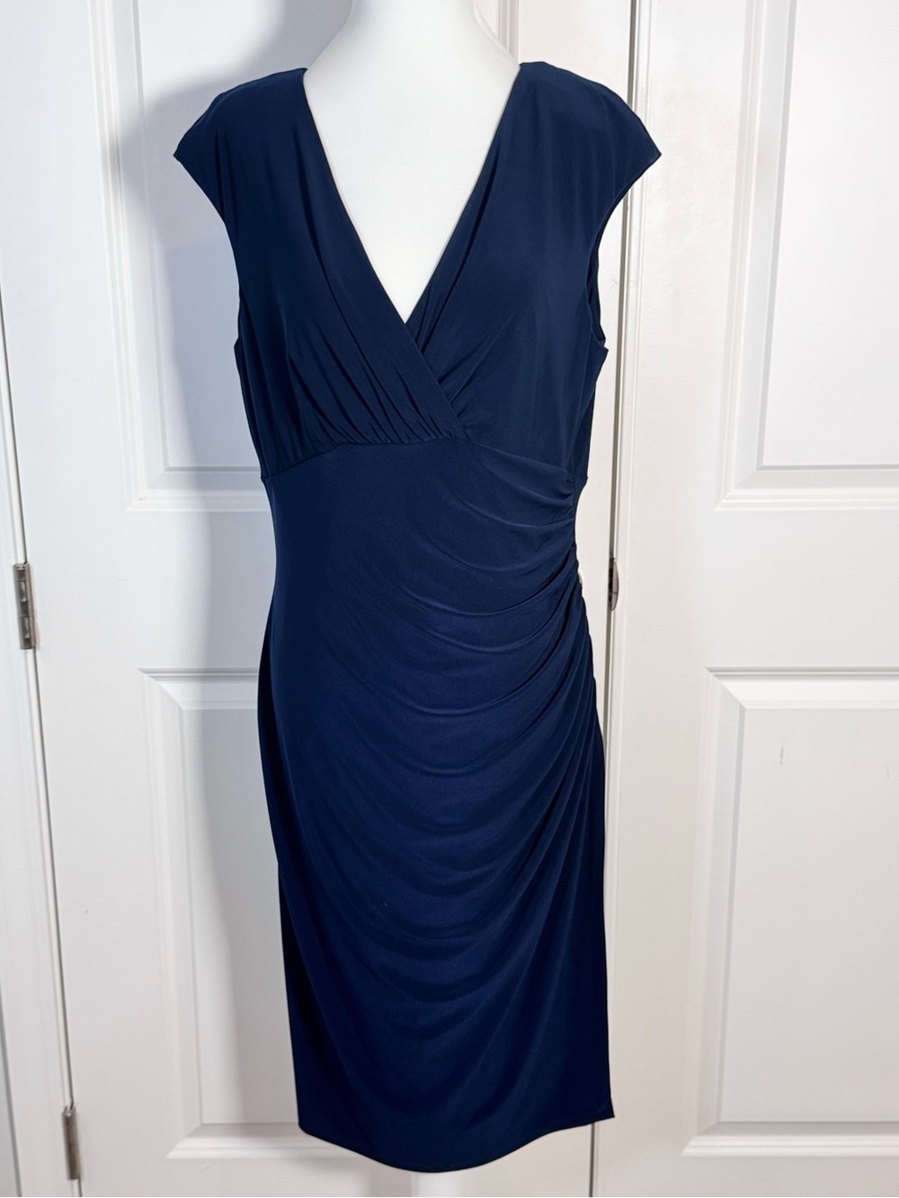 Lauren Ralph Lauren Dress 14 Navy Ruched Faux Wrap Jersey Sheath Officecore